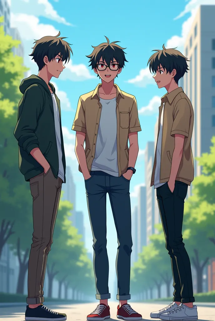 Create an image of three young friends of handsome guys , everyone has black hair in anime-style casual clothes. The first handsome friend,tall with glasses stands between two other friends. The second friend is just below the first, beautiful stands on th...