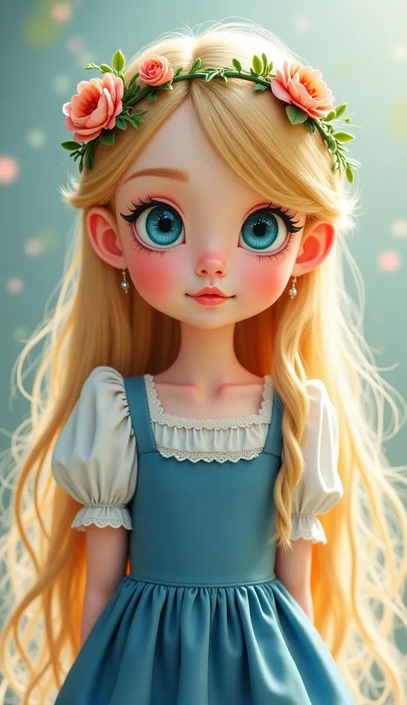 "A young girl with big blue eyes and bright pink cheeks wears a vintage blue dress with puffed white sleeves and lace trim. Her long, straight blonde hair reaches down to her mid-back and is accessorized with an intricate floral headband. Animation