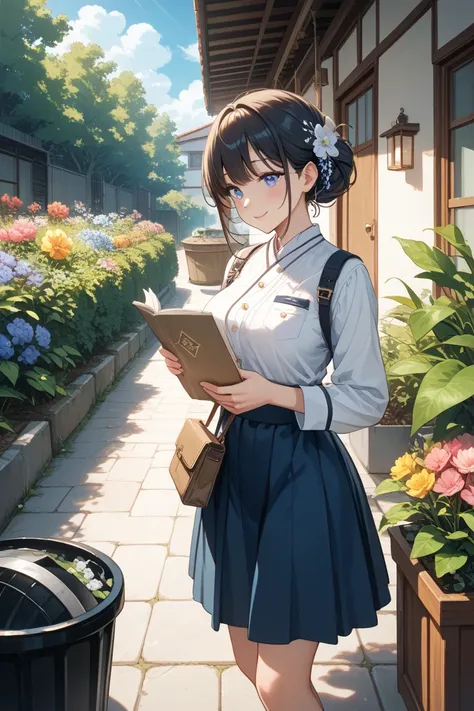 A beautiful Japanese woman in her 30s with long, dark hair tied in a soft bun, wearing a modest yet slightly fitted blouse and skirt. 
A quiet backyard on a sunny morning. The Japanese woman kneels beside a trash bin, holding a neatly folded café uniform i...