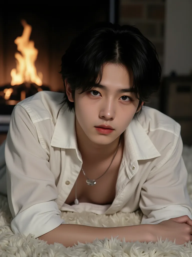 a handsome Korean boy with black hair in a mullet cut, black eyes, wearing an open white button-down shirt, lying on a white shaggy rug, a fireplace in the background out of focus 