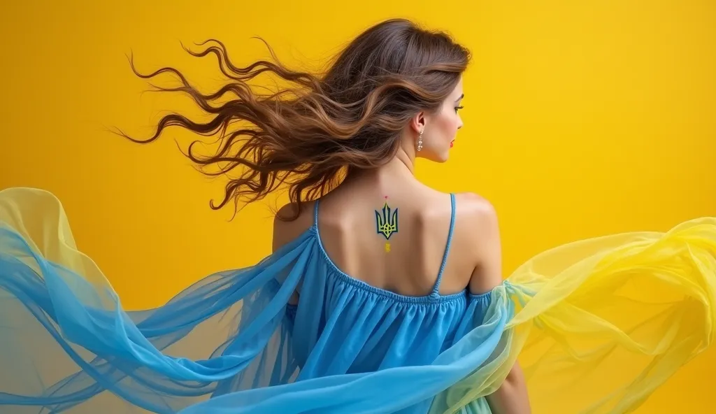 a beautiful girl of European appearance, in a blue airy dress ,    is standing with your back, on a yellow background of,  on her back , , , a tattoo depicting a Ukrainian trident, , gorgeous wavy hair, fluttering in the wind, From under her hair, , , you ...