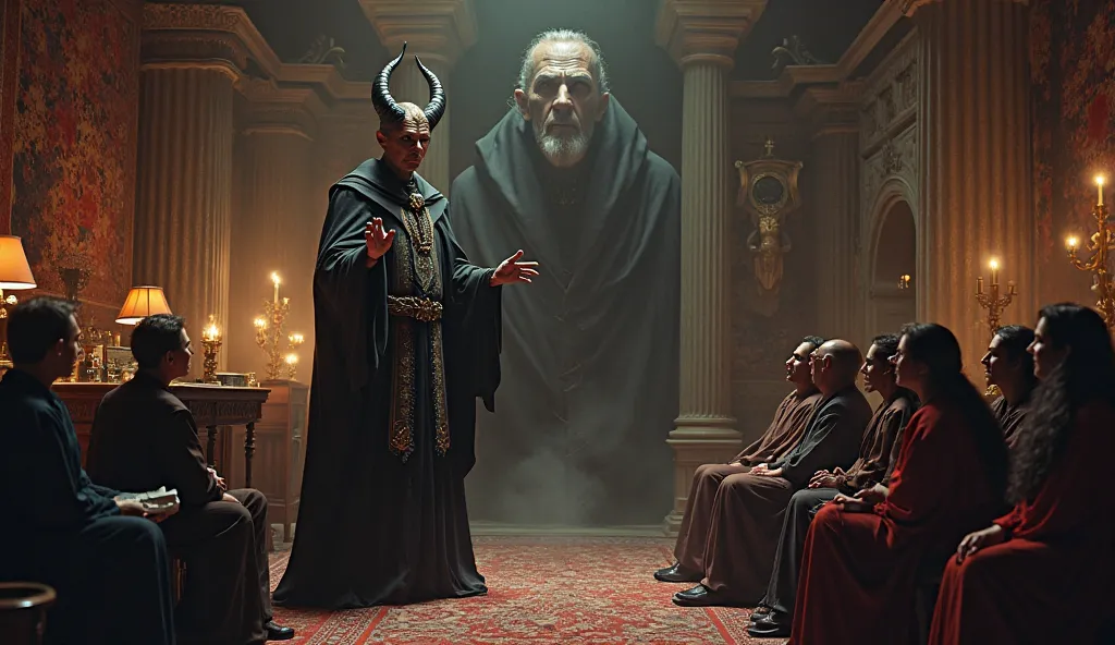 Satan teaching people the Bible in an ancient home and Satan sitting watching from behind in the Bible