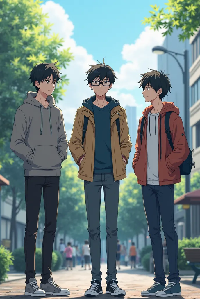 Create an image of three young friends of handsome guys , everyone has black hair in anime-style casual clothes. The first handsome friend,tall with glasses stands between two other friends. The second friend is just below the first, beautiful stands on th...