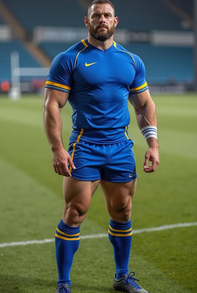 create a rugby kit that is blue and 3 thick yellow stripes at the bottom of the shirt. Also have the 3 yellow stripes on the sleeves. On it's own. 