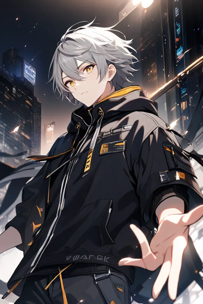 1 boy, grey hair, golden eyes, black hoodie, modern clothes