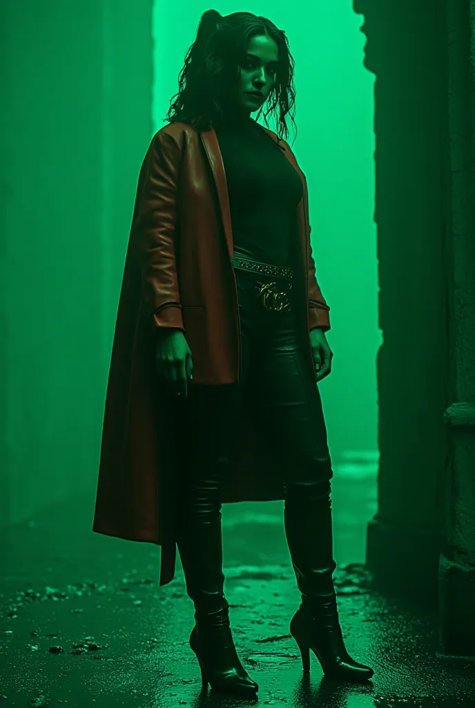 A cinematic noir-style image of Persephone in a futuristic cyberpunk setting, standing tall in high heels with a striking silhouette. The environment is drenched in deep green hues, evoking the iconic atmosphere of The Matrix. She wears a high-necked futur...