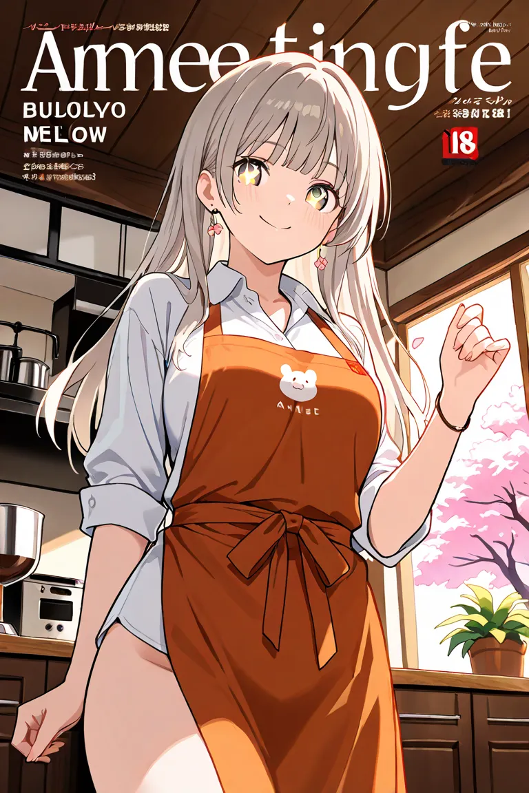 (from below:1.2),((1girl, silver hair, long hair, qutel blue eyes, beautiful eyes, pretty smile:1.5, ), coloring watercolor digital pencil ,Cherry blossoms falling,an animated painting of a woman in an apron standing at a coffee maker, 1girl, brown hair, s...