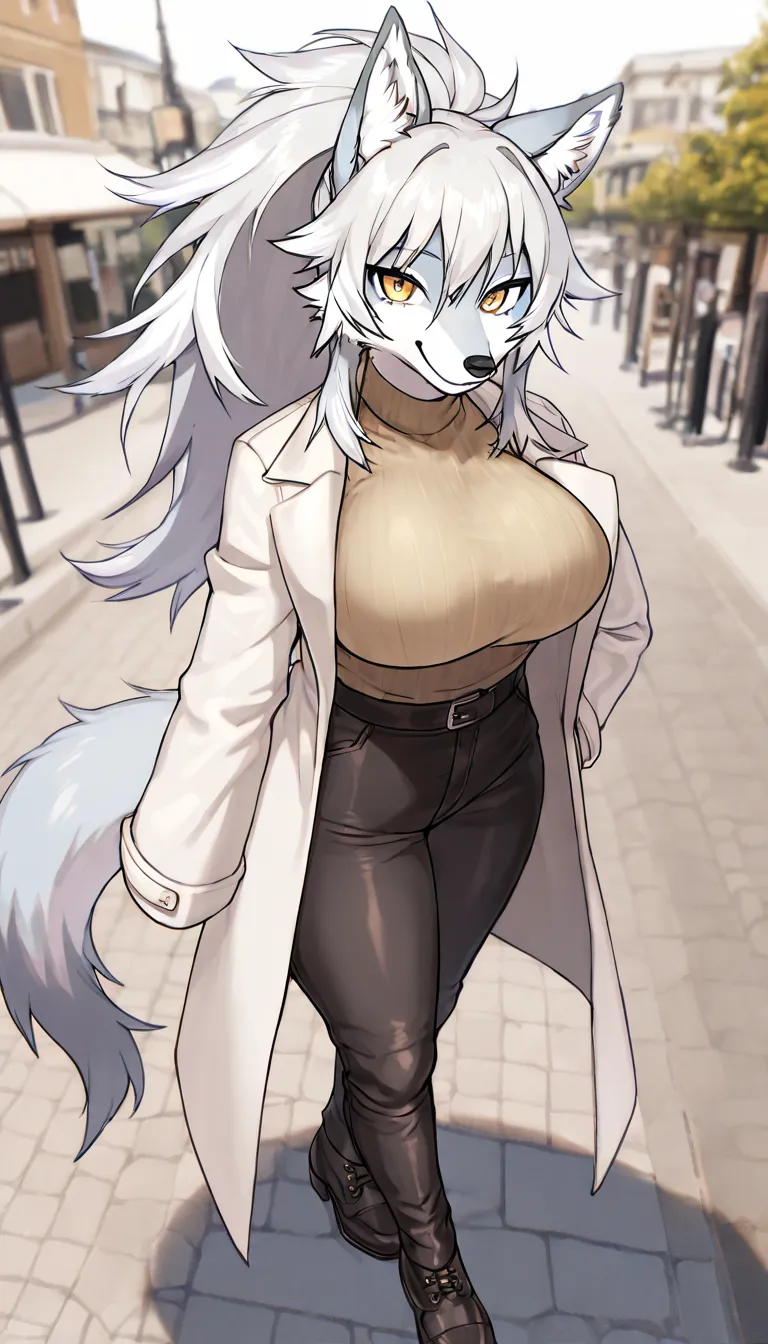   full body fur、Big Breasts、thin, sharp hem、mature woman、  gray wolf 、white hair、1 ponytail、mega ponytail、big hair、Golden Eyes、Wolf Ears、 tall nose 、high image quality、High Precision、masterpiece、4K、looks at each other subjectively、 white long coat、brown sl...