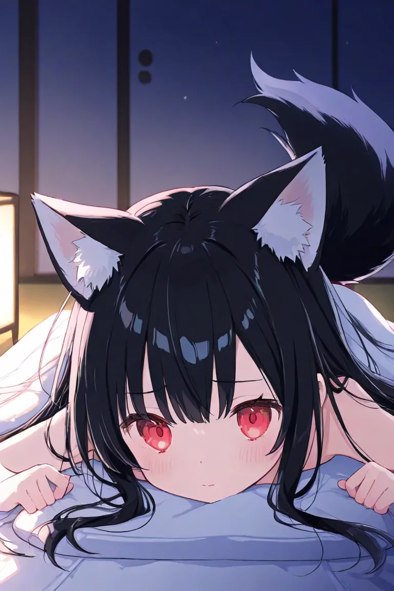  girl、 wolf tail 、Wolf Ears、 black hair、red eyes、naked、 small tits、Japanese-style room、futon、night、shy、Lie down