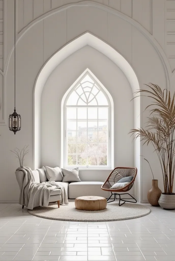 Create an image that showcases something interior as I wanna add that from our interior design company for a greeting card for Ramadan Kareem so mix ramadan vibes with interior company that’s named as grid need in grey and white color theme add some grid d...