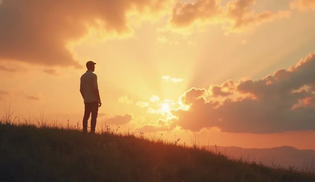 A serene scene of a person standing on a hill at sunrise, looking up toward the sky in quiet reflection. The background features soft, glowing clouds with rays of sunlight breaking through, symbolizing divine presence. The atmosphere conveys humility and t...