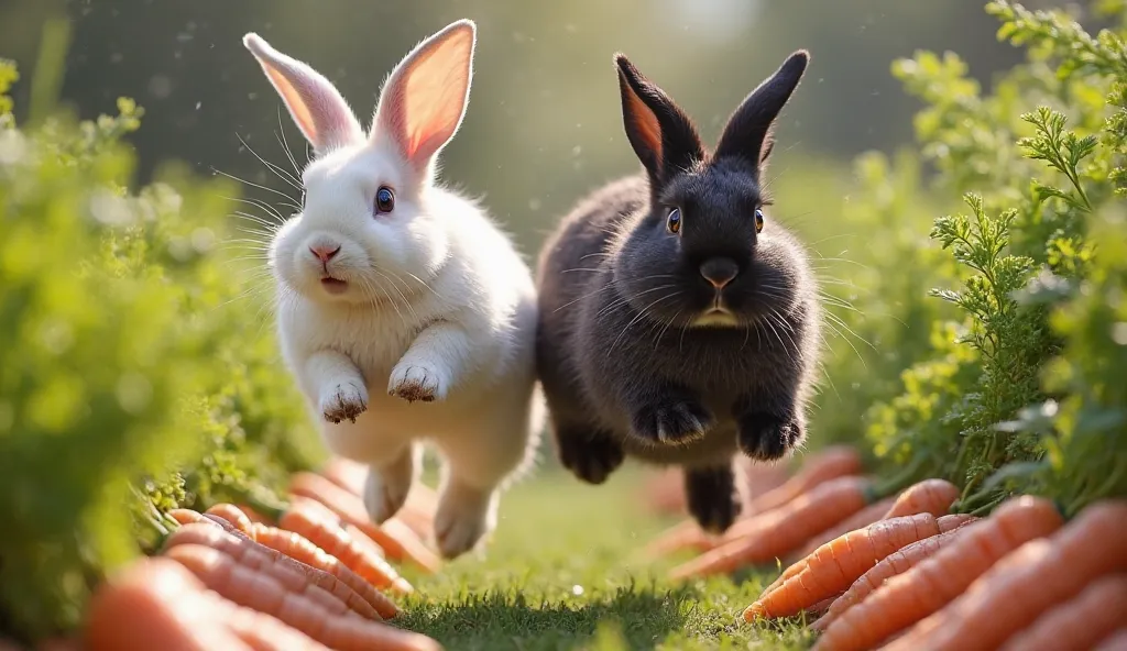 
"A fat, chubby black rabbit and a white rabbit jumping over an open cage, escaping together. The white rabbit had bitten through the bars, and now both rabbits are leaping to freedom in a vibrant carrot patch. Their fluffy bodies bounce through lush green...