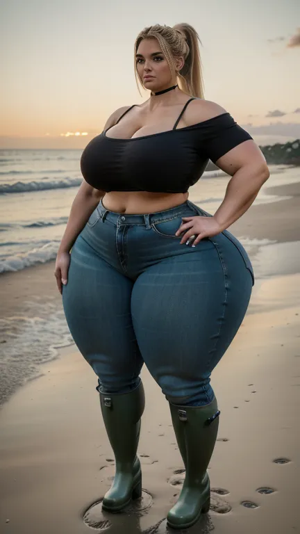 Realistic photo from head to toe,   full body shot, Araffe big curvy muscular blonde BBW,   thick ponytail , wide hips,   short jeans , dark green short top with deep neckline,  long strong legs , heavy black wellies ,  hourglass figure,   on the beach    ...