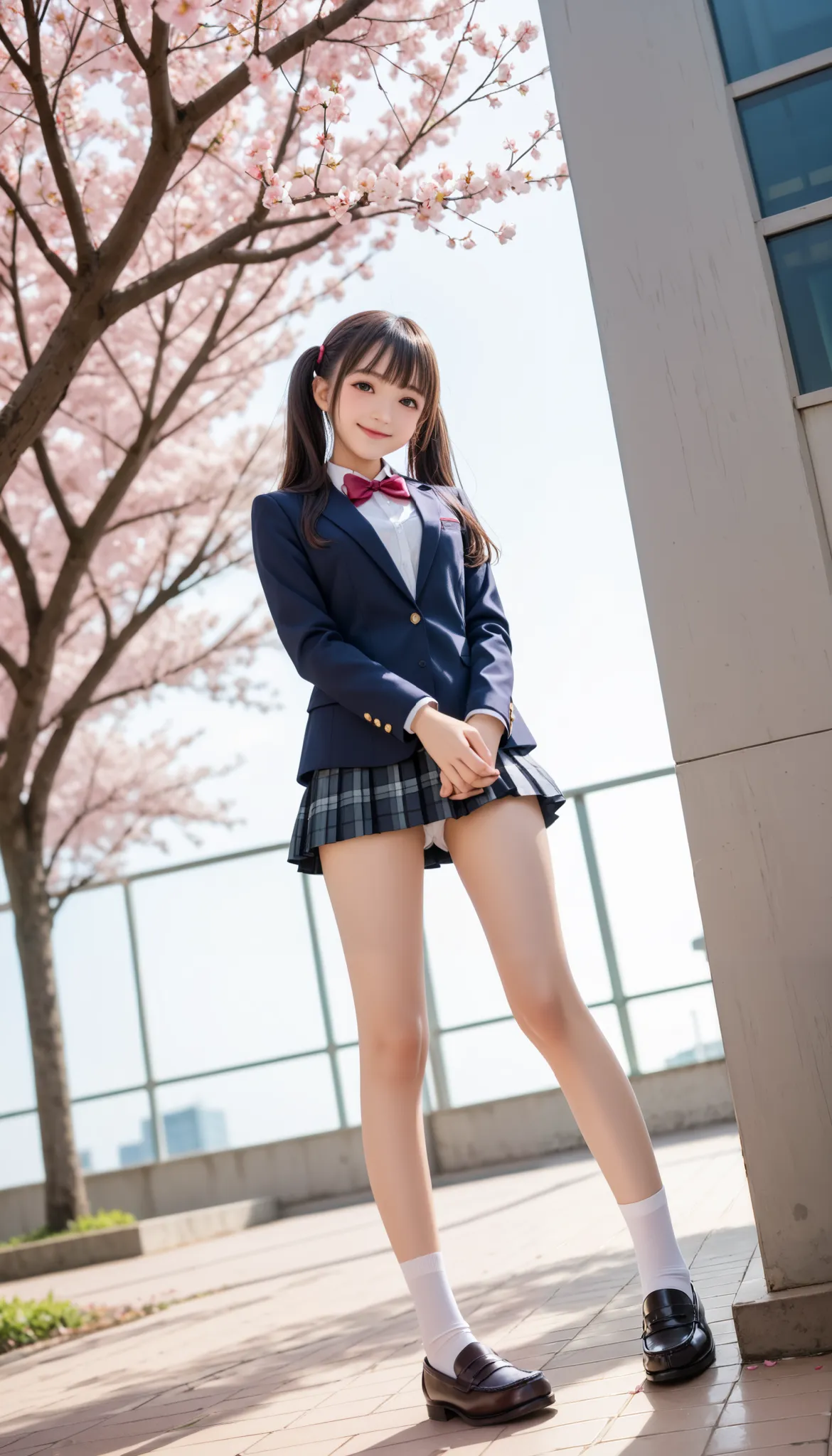 驚異的に可愛い日本の少女が高校Entrance Ceremonyでポーズをとっています 、 High school student uniform with cherry blossoms scattered all over, (Entrance Ceremony)、 、( between thighs 、  Sisters、High sexual desire、 are dying to have sex )、   Gravure idol with realistic young face    , ...