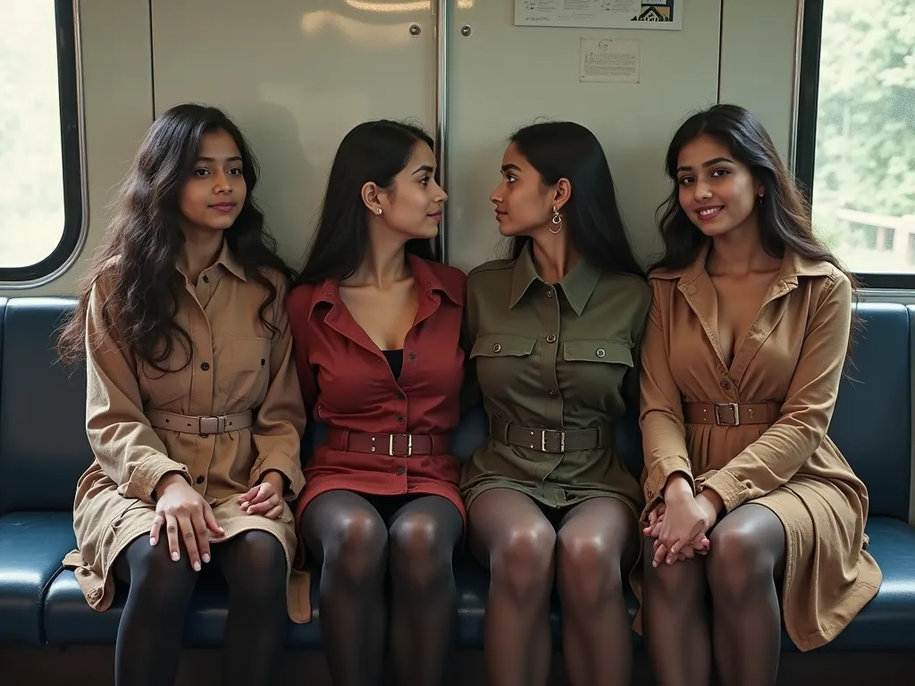 four indian 6years girls kisses sitting on train seat, View Photographer, whole body, (Smiling at the photographer), tight open breast tits russia feary uniform, High boots, Clothes that show the open chest、Thin and long elbows、(wearing a open breast top, ...