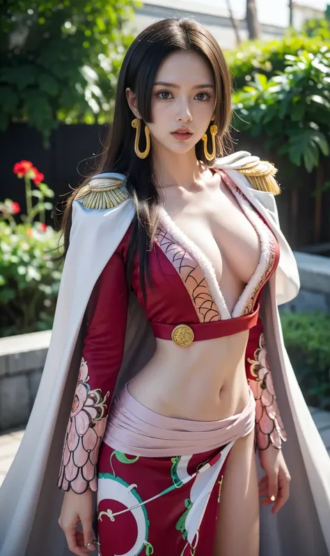 (masterpiece, Highest quality:1.2), cowboy shooting, Alone, hidden hair, Boa Hancock, 笑face, viewers, Put your hands on your lower back, Cape, Epaulettes, Chest,  jewelry, earrings, midriff,nsfw,Official Art,Extremely Detailed CG Unity 8K Wallpaper, perfec...