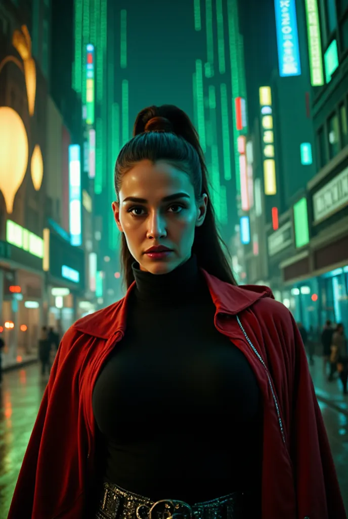 A breathtaking woman with a sleek black ponytail, inspired by Persephone from The Matrix, standing in a neon-lit cyberpunk cityscape. She wears a futuristic high-necked pullover and a red Gucci jacket, exuding confidence and elegance. The background is fil...