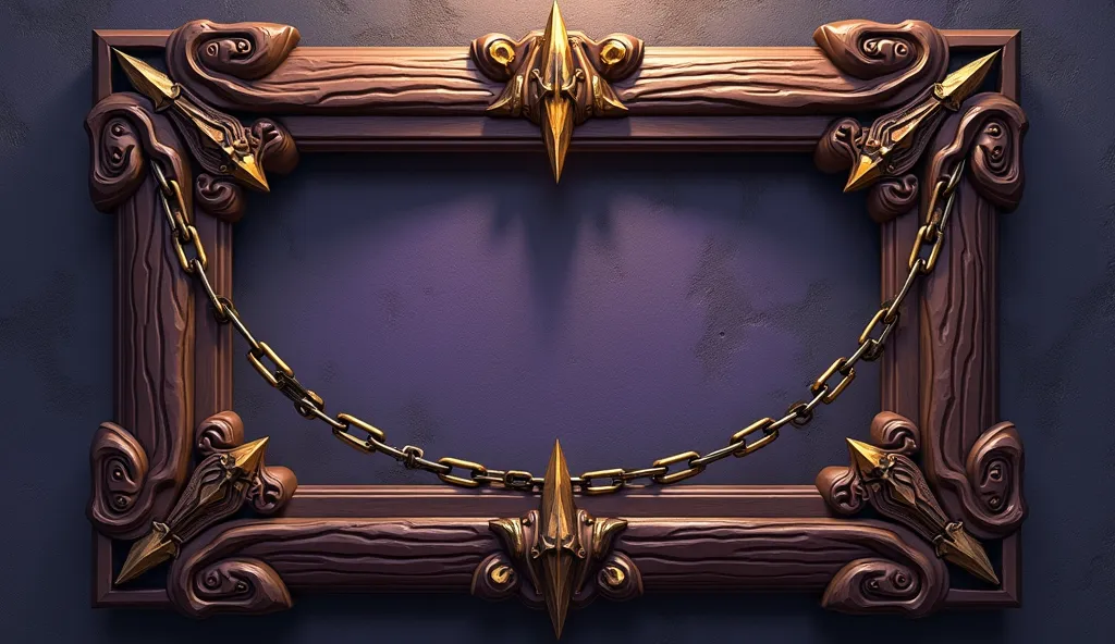 Mvery thin frame, brown wooden frame, iron framing in the style of (warcraft games), dungeon dwellers, frame in proportion to the warcraft design, drawing of details, 4k, hyperlinear, drawing of details, iron inserts, chains detailed matte painting, deep c...