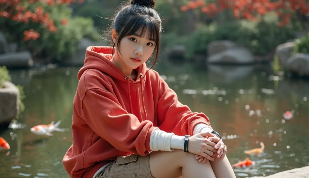 Very realistic blonde woman Cinematic photorealistic A beautiful Korean woman with smooth, clean white skin ,The figure is rather plump, her black hair is tied up in a bun with bangs., wearing a bright red hoodie with white gradient rolled up at the elbows...