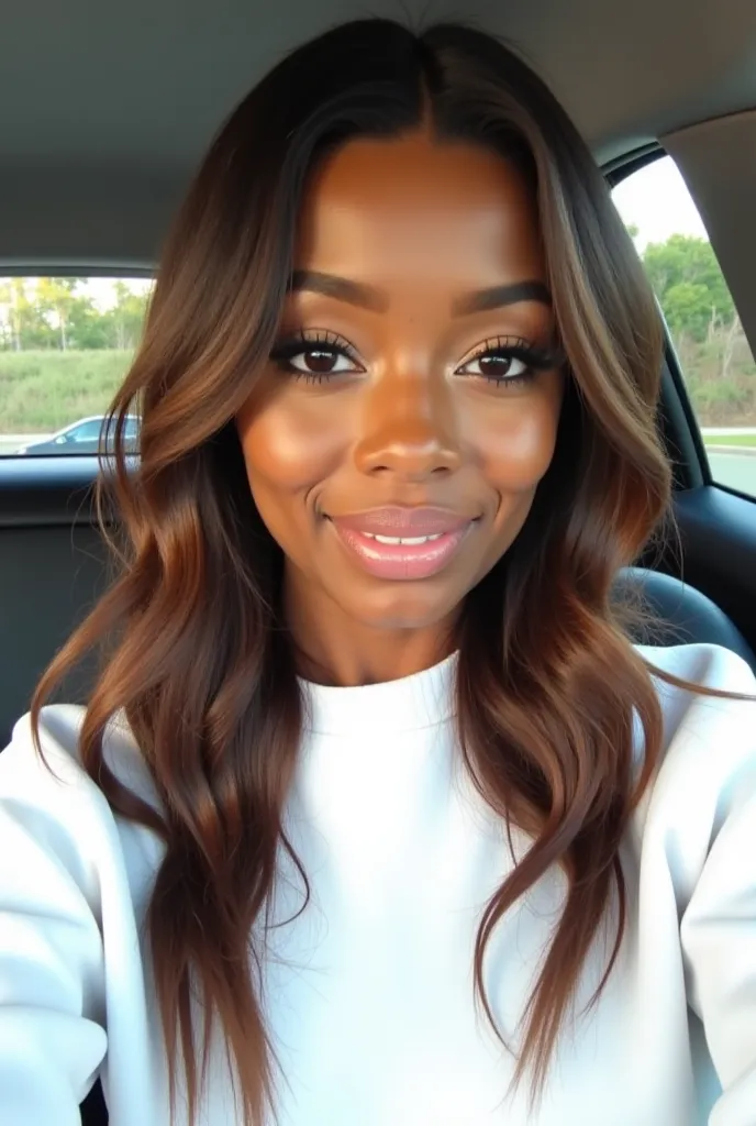 Vinessa Antoine with tanned skin, monolid eye shape, jet black eyes, long brown hair, soap brows, textured glowing skin, glossy lips, glowing makeup, eyeliner, She is wearing a white sweatshirt and has brown hair. The car interior is light, and the vehicle...