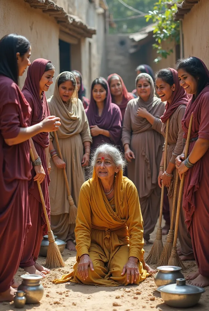 A group of South Asian women, likely in their 20s and 30s, are depicted in a rustic courtyard setting.  The women, wearing traditional Punjabi salwar kameez attire in various colors like maroon, beige, mustard, and purple, are positioned around a middle-ag...