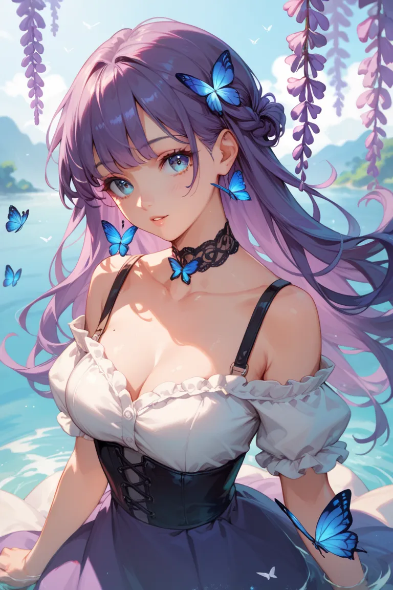 girls　dark purple hair color　long hair around the chest　 eyelashes are long in the water　Dark Lilac Eyes　White butterflies are flying 　 mysterious 　Kamigami　Mole next to eye　The background is a sunset　 white off-shoulder tops 　 Lace Choker 　Wisteria Hana　