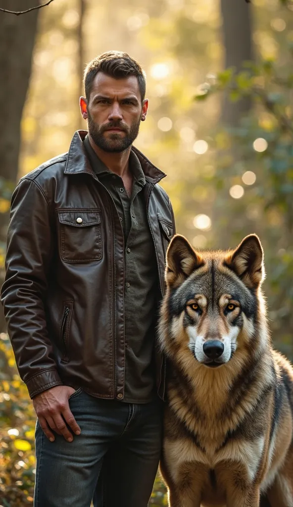 "A rugged, confident man in a casual leather jacket stands next to a majestic wolf in a sunlit forest clearing. The man looks stoic, with his hand resting gently on the wolf's back. The wolf gazes straight ahead with piercing eyes, exuding strength and loy...