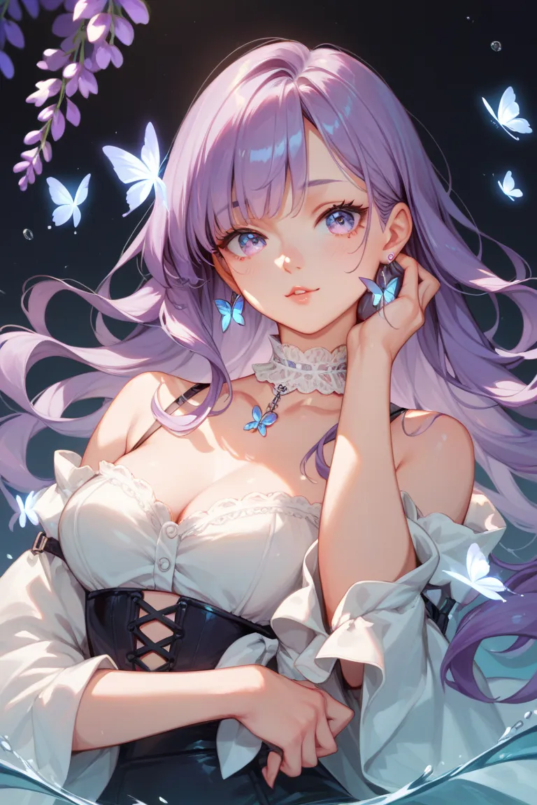 girls　dark purple hair color　long hair around the chest　silver earrings　 pink cheek 　 eyelashes are long in the water　Dark Lilac Eyes　White butterflies are flying 　 mysterious 　Kamigami　Mole next to eye　Black background　White Off Shoulder Tops　 Lace Choker...