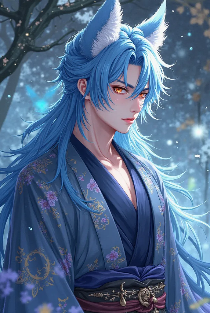 Fox Shin Soo, a handsome man with long blue hair and different eyes in a kimono, looks like an anime 