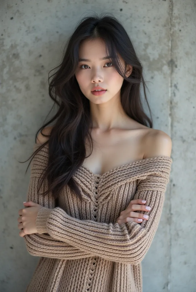 A beautiful girl wearing an off-the-shoulder knit、 Ash Brown Color ,Double eyelids,Korean Hair,long hair around the chest,Layered cut around the face,Arms crossed in front of a concrete background