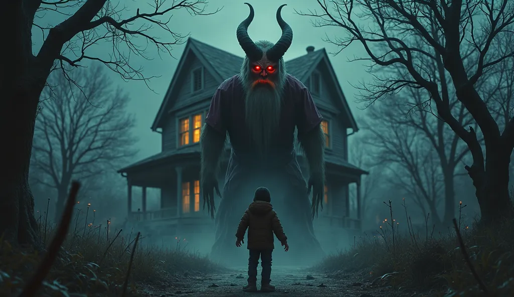 A very big old house dark night there is a blur of yellow lights, there are some dead trees standing around the house a small  is standing in front of the house the  is about eight years old the  is standing facing the front behind him is standing a davil ...