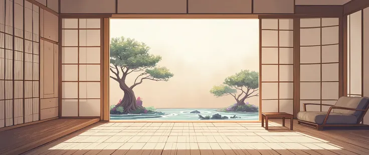 illustration in soft colors predominating , minimalism of a Japanese style living room with window to see the minimalist Japanese garden with bonsai trees, the stage evokes energy and elegance