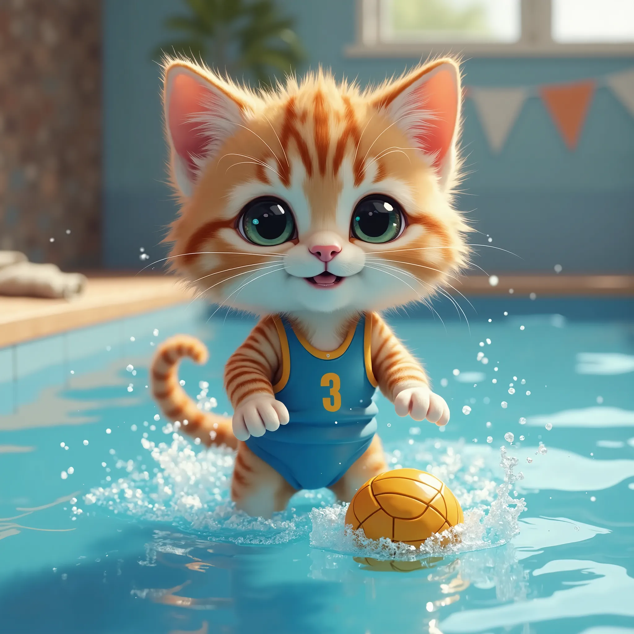  baby cat drawn in size 25 , 1 adorable baby cat ,A realistic cat is standing on 2 legs,smile,eyes are like beautiful marbles,Detailed and realistic coat ,Don&#39;t blur the background,The background is a competition pool ,towel by the pool.I'm wearing a,(...