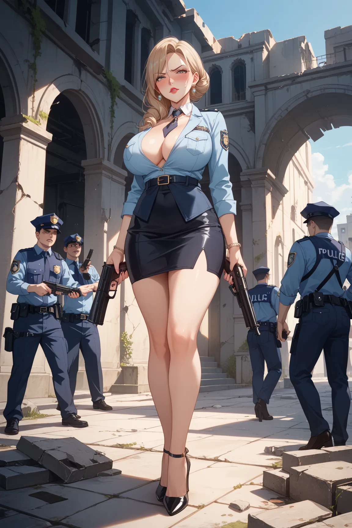 masterpiece、anatomically correct、perfect faces、 perfect body、perfect style、(Beautiful milf),50 year old mature、Police Officer、defeated,angry face、blush、drunken eyes,lipstick,A snug black bodysuit that covers the ripped body、high heels、、standing,ruins、holdi...