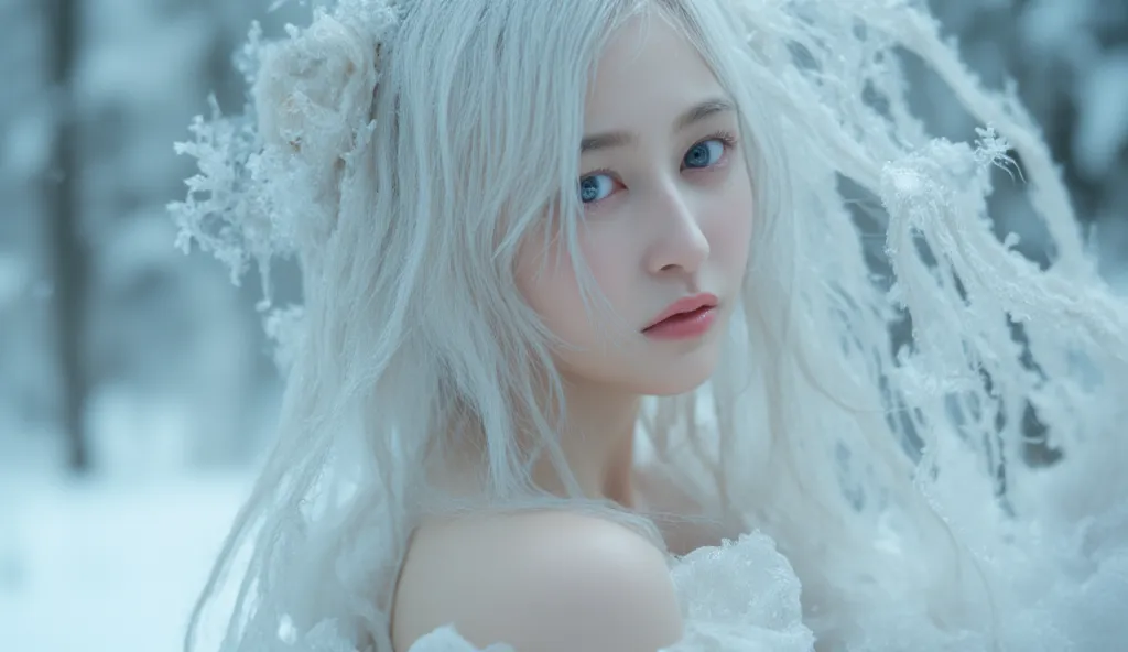 hidden hair,(snow,ice), snowの花, In winter, white hair, shiny hair, wavy hair,  sex, frilld, race, wet close, off_shoulders with breastpl, hair scrunch,masterpiece, Telephoto Lens,  absurd, exquisite face,The most artistically beautiful nipples,flat chest,
