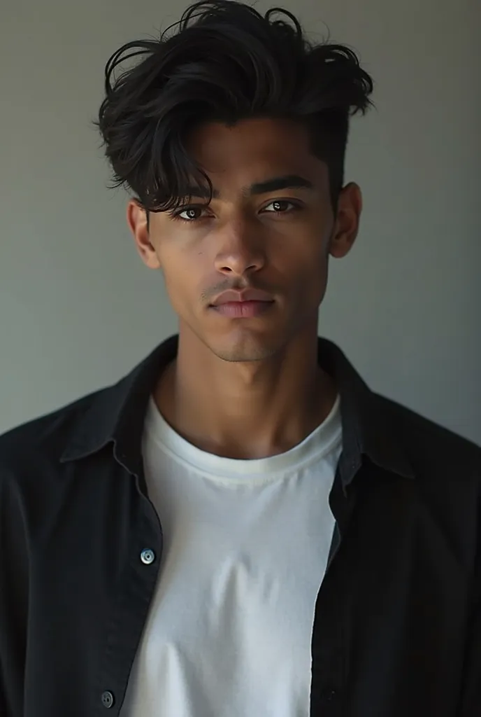 Male, black hair, black shirt, white t-shirt, 