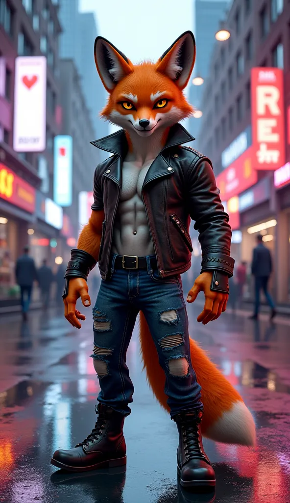 A muscular humanoid fox with sleek, detailed fur and piercing eyes, standing confidently in a cyberpunk-style city street, wearing a torn leather jacket and ripped jeans, cinematic lighting, neon reflections bouncing off wet pavement, high-definition textu...