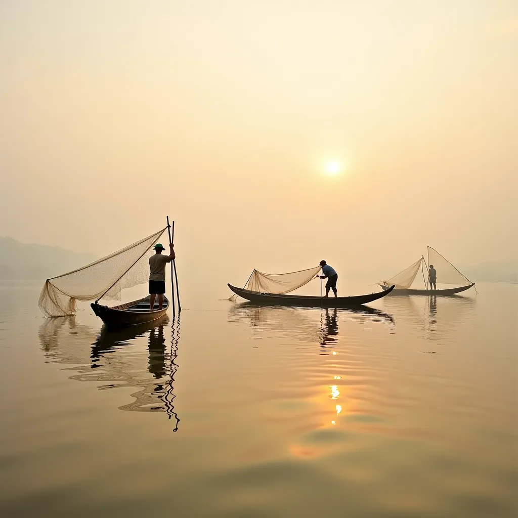 A peaceful morning scene on the Hau River in An Giang, with traditional wooden boats drifting on the glassy water. The soft mist above the river reflects the golden hues of the rising sun. Fishermen skillfully cast their nets, capturing the essence of life...