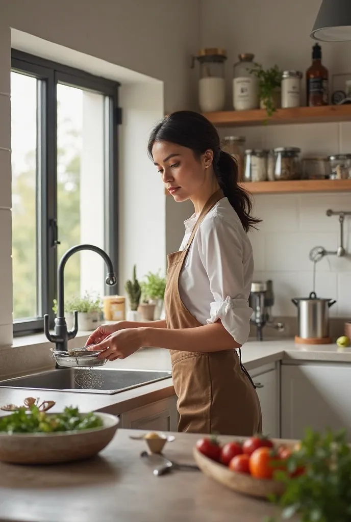 Kitchen with modern design by beautiful girl cooking