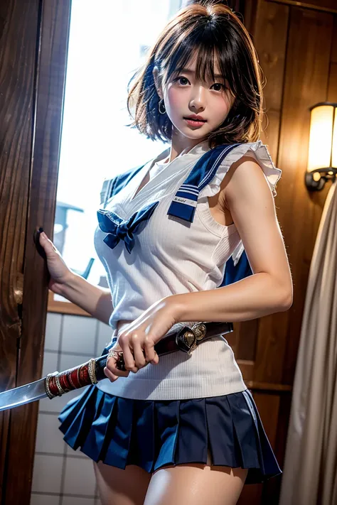 the woman with the sword in her right hand。The sword passes behind the woman、the left hand is stretched out with the palm open、((I'm wearing a sailor suit and pleated skirt))、short hairstyle、(professional lighting：1.2）、young girl、the cutest beautiful girl、...