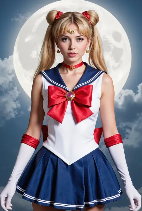 Create an image of a beautiful 20-year-old girl with fair skin and long straight blonde hair styled in twin tails. She is wearing a Sailor Moon costume and striking a pose. The background features a large, full moon that fills the entire screen.