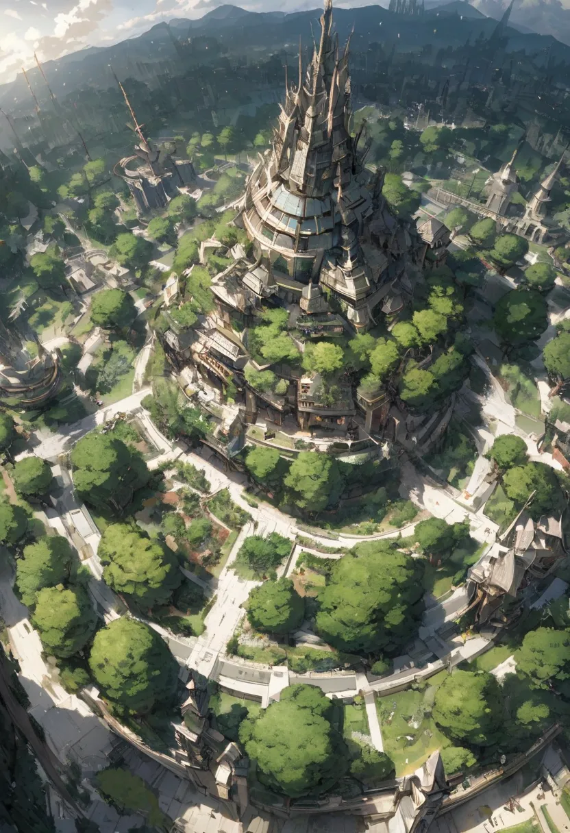 HD 260 degrees Overview of a city on the top of Yggdrasil with ancient elf achitecture. Show some forest