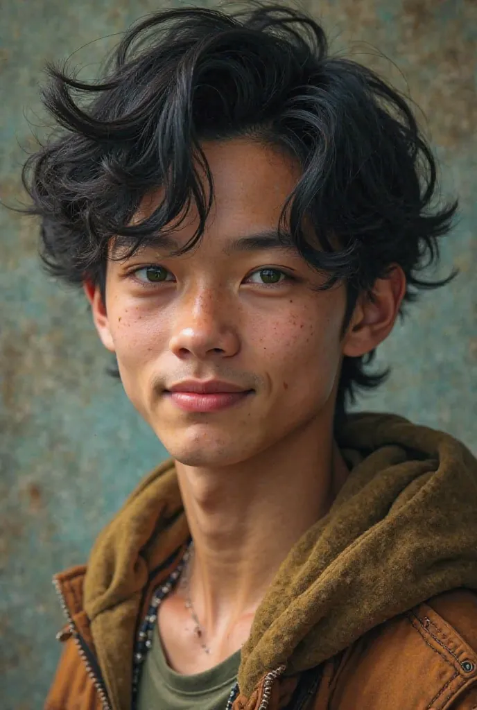 15-year-old, male, Mutant, pale skin, inky black hair, loose waves, green eyes, mischief, warmth, baby face, dimples, slender, muscular, 8-pack, biceps, chiseled, figure skater, dancer's physique, glowing skin, contrasting hair and eyes, Chinese-American h...