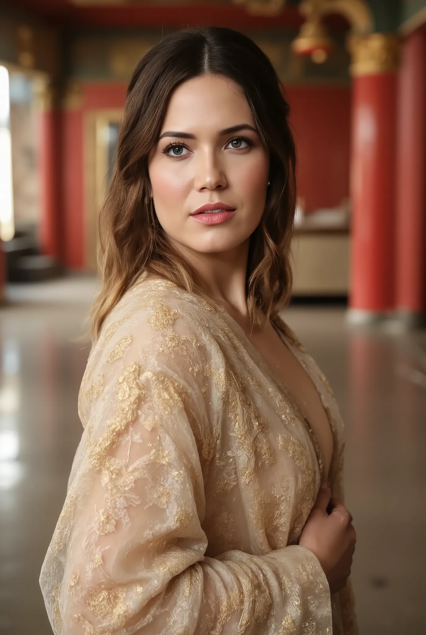 best quality, highres, 8k, masterpiece, photography, detailed midbody photorealistic portrait. Mandy Moore embraces imperial majesty in an ivory silk chemise with golden dragon embroidery, layered with a sheer chiffon robe decorated with intricate phoenix ...