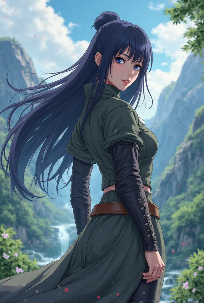 Naruto female character with long dark blue hair and dark blue eyes. Wearing a Jonin suit with beautiful scenery behind her. Periott, Naruto Shippuden style