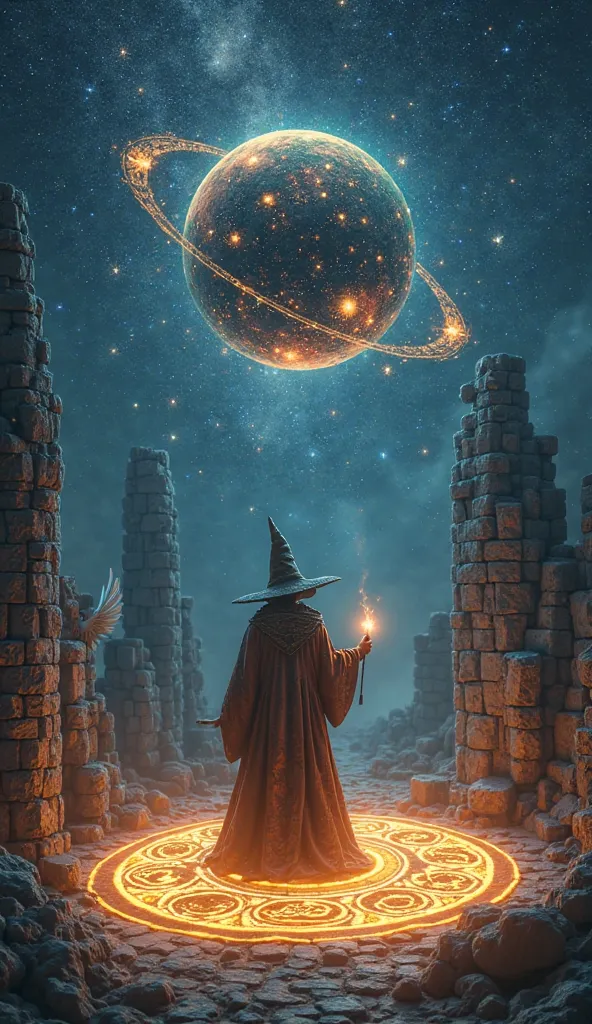 Tiny solar system floating in front of a wizard, the wizard is standing on glowing magic symbols, wizard's wand, one hand up,  wizard hat , Ruins, Starry Night,  intricate detail , original, seen from the front, Angel and demon on the sides,  detailed desc...