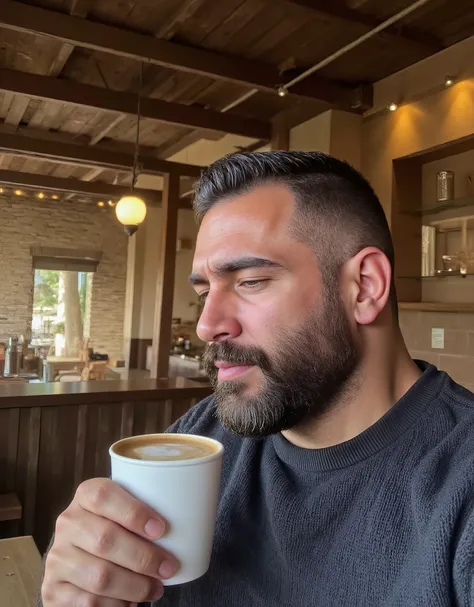 Masterpiece, Accurate, Award Winning, Best Quality, Extremely Detailed, 8K, HD, Super-Resolution, Realistic Textured Hair and Skin, ultra-photorealistic. A ((tall, burly, heavily muscled bearded man)) with ((olive-toned skin, thick dark beard, strong angul...