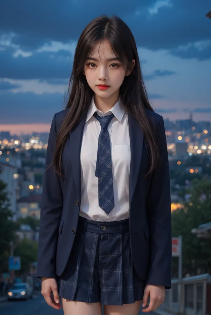 japanese girl 18 year old, brown wispy bangs hairstyle wearing school uniform indigo suit jacket, oversize white shirt, Let the shirt come out of the pants, casual style, long indigo plaid pattern necktie, indigo plaid pattern short mini skirt. She exudes ...