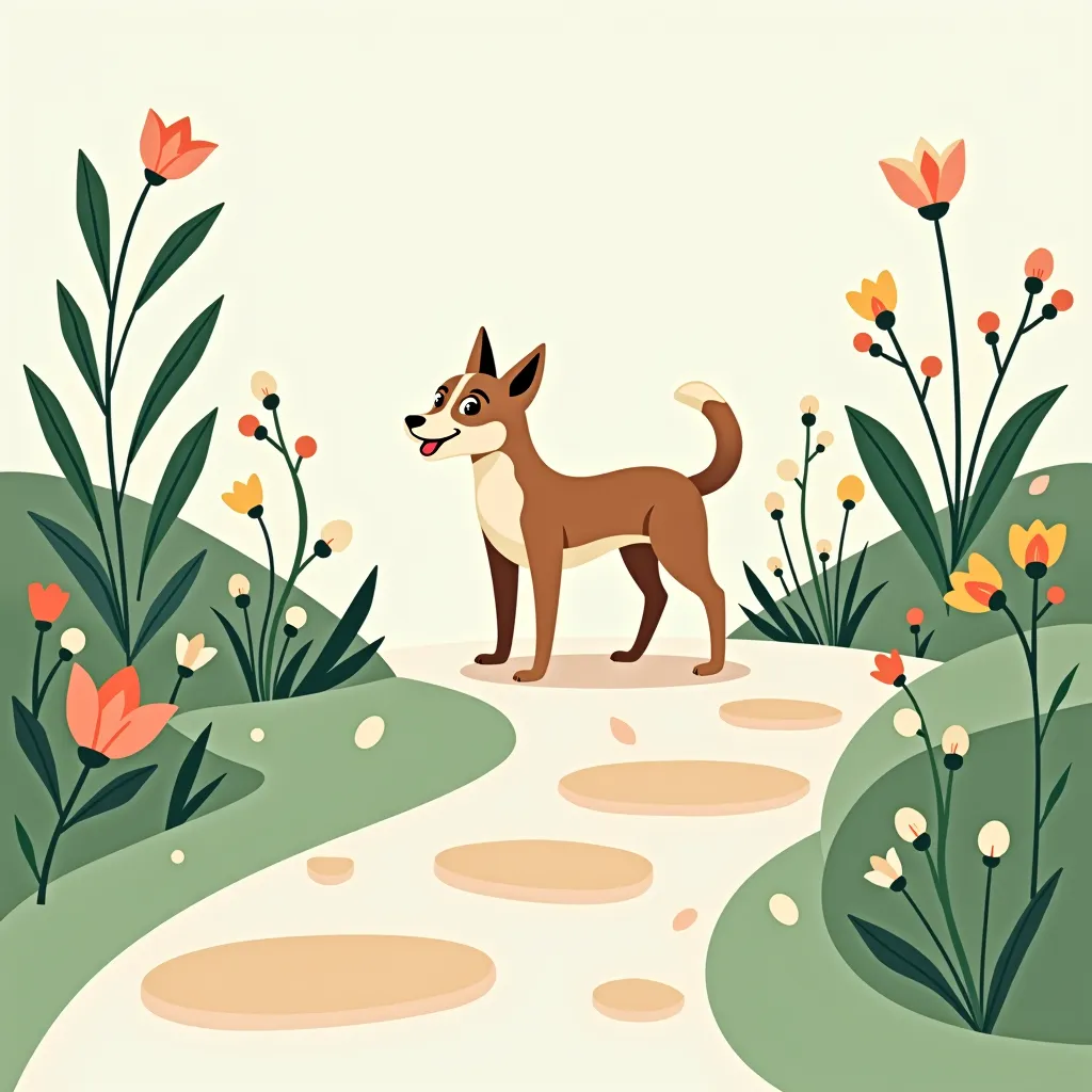 A minimal, clean illustration of a dog in a garden.