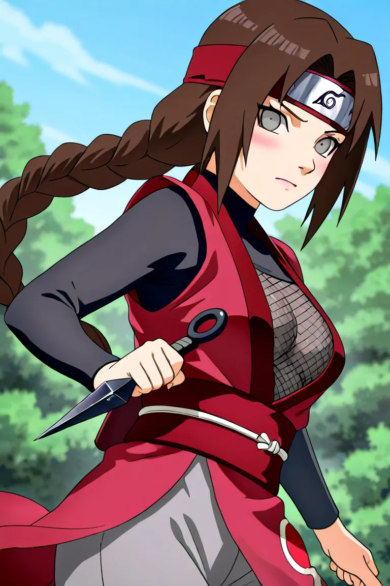 Image is an anime naruto style illustration featuring a beautiful lady ninja from Konoha, with fair skin and large, expressive gray eyes. She has long brown hair, styled with a red headband and a braid over one shoulder, and wears a traditional Konoha fore...